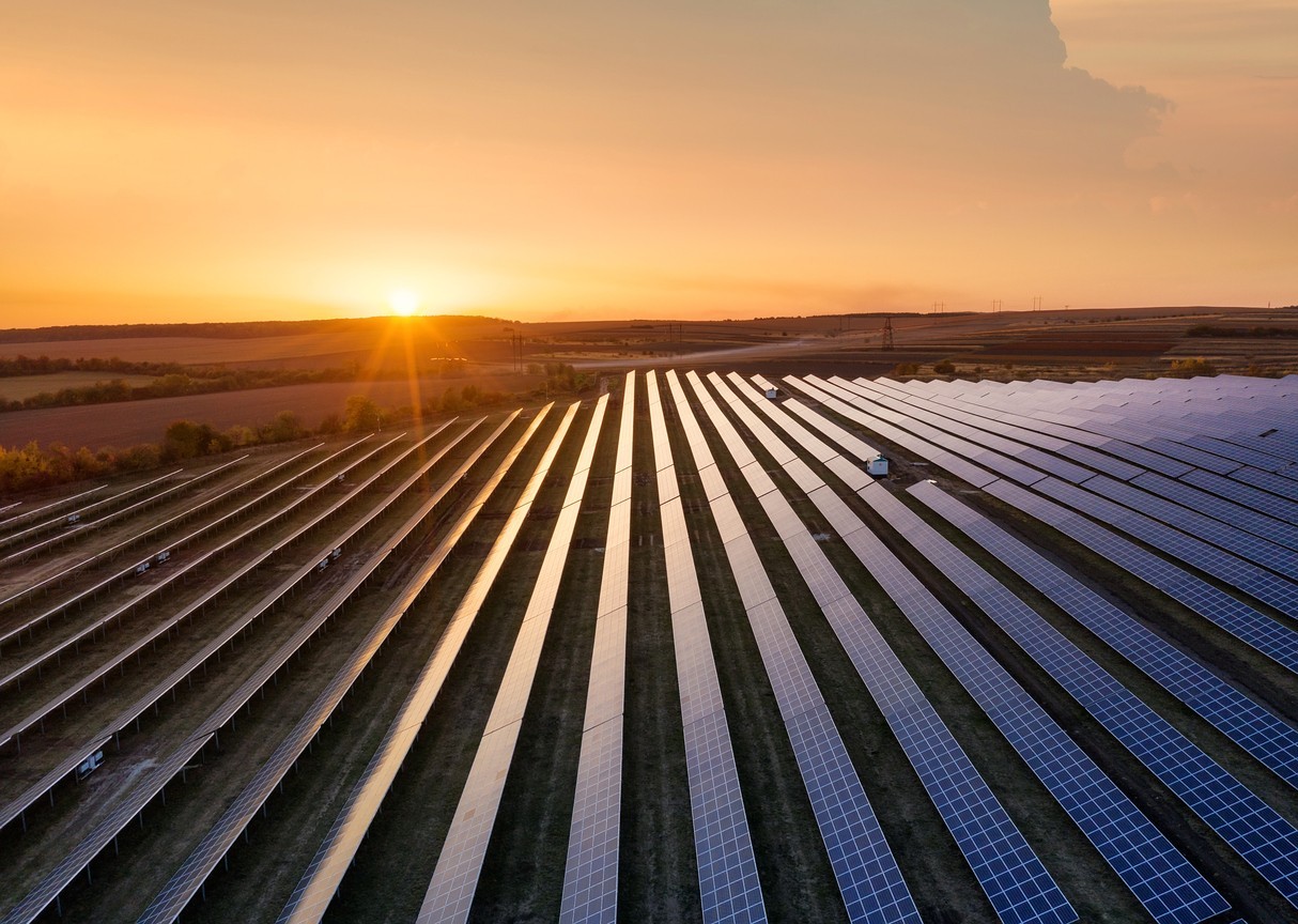 Rows of a solar farm at sunset